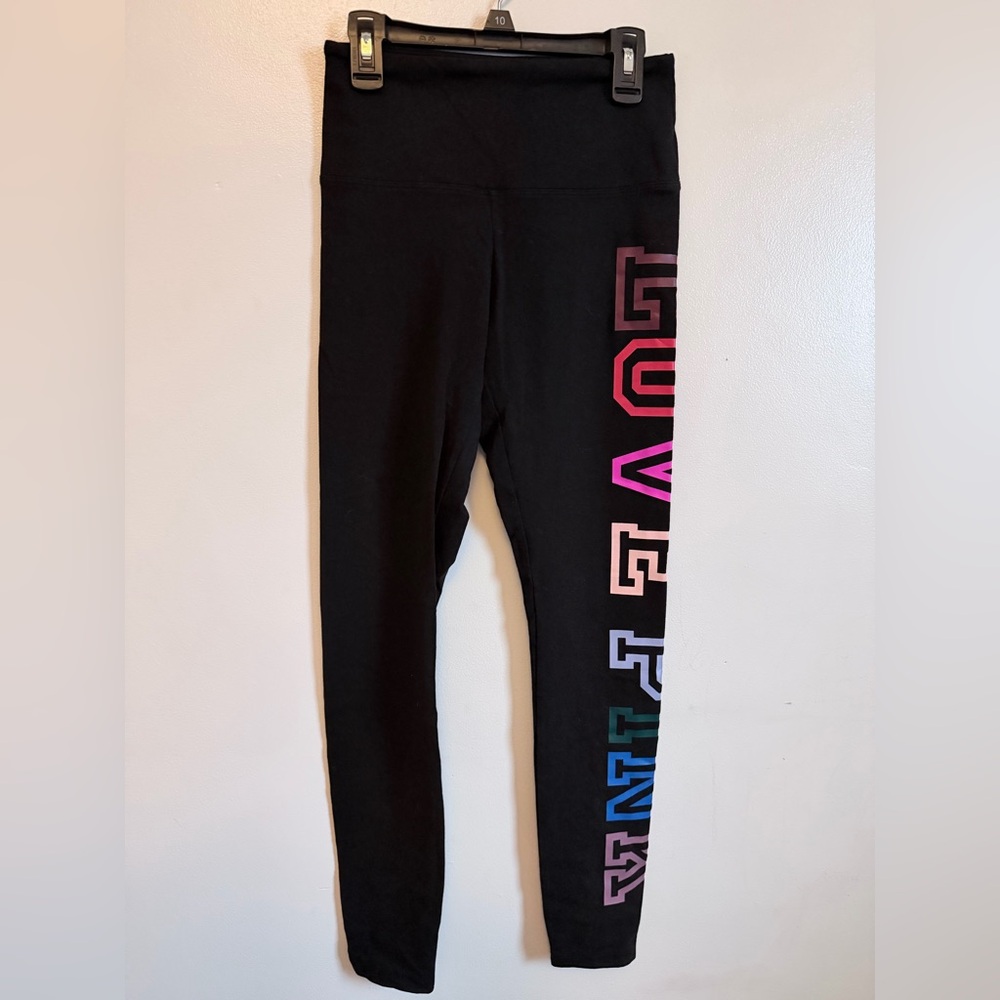 NWOT PINK Victoria's Secret Black Leggings with Rainbow 'LOVE' Side Print